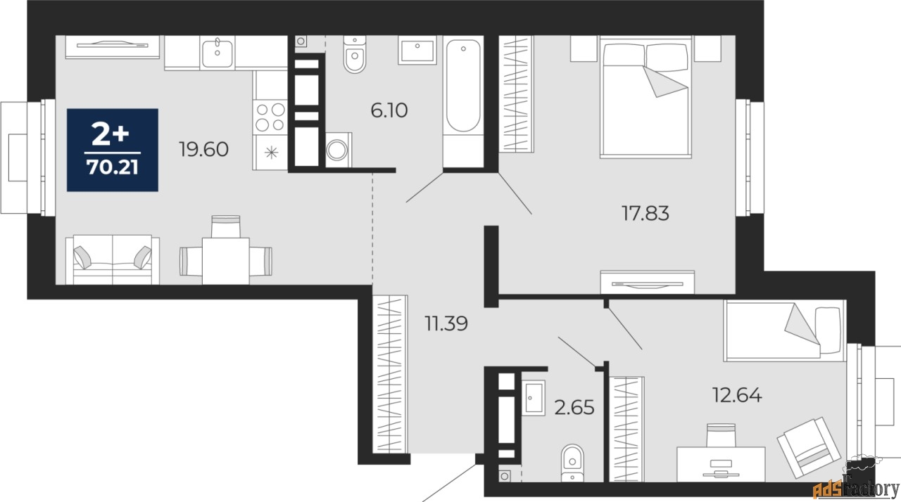 2 - комн. квартира, 70.21 м², 3/8 эт.