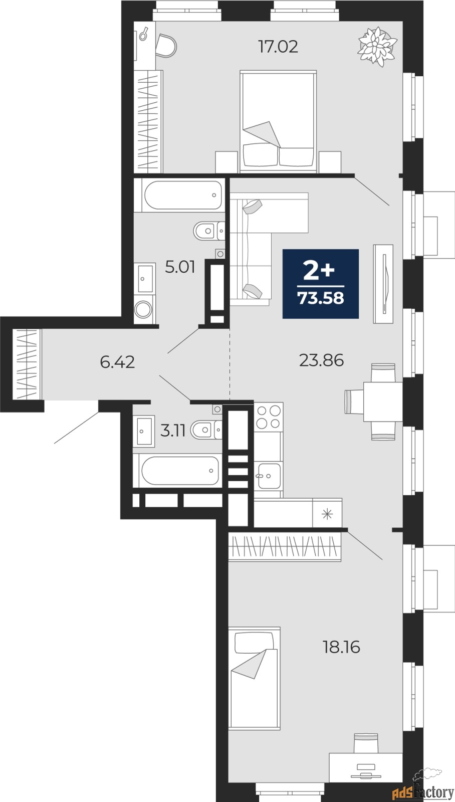 2 - комн. квартира, 73.58 м², 3/18 эт.