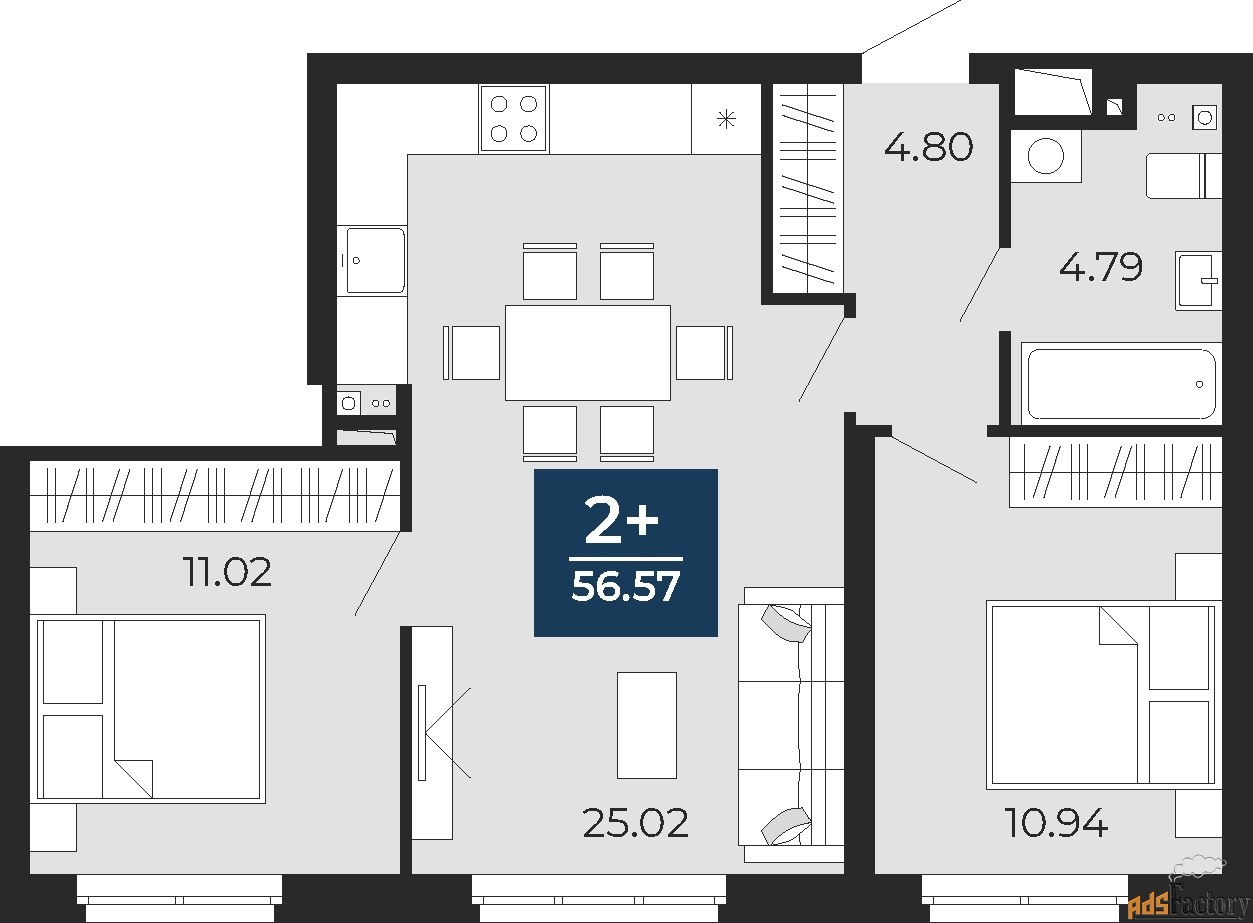 2 - комн. квартира, 56.57 м², 24/24 эт.