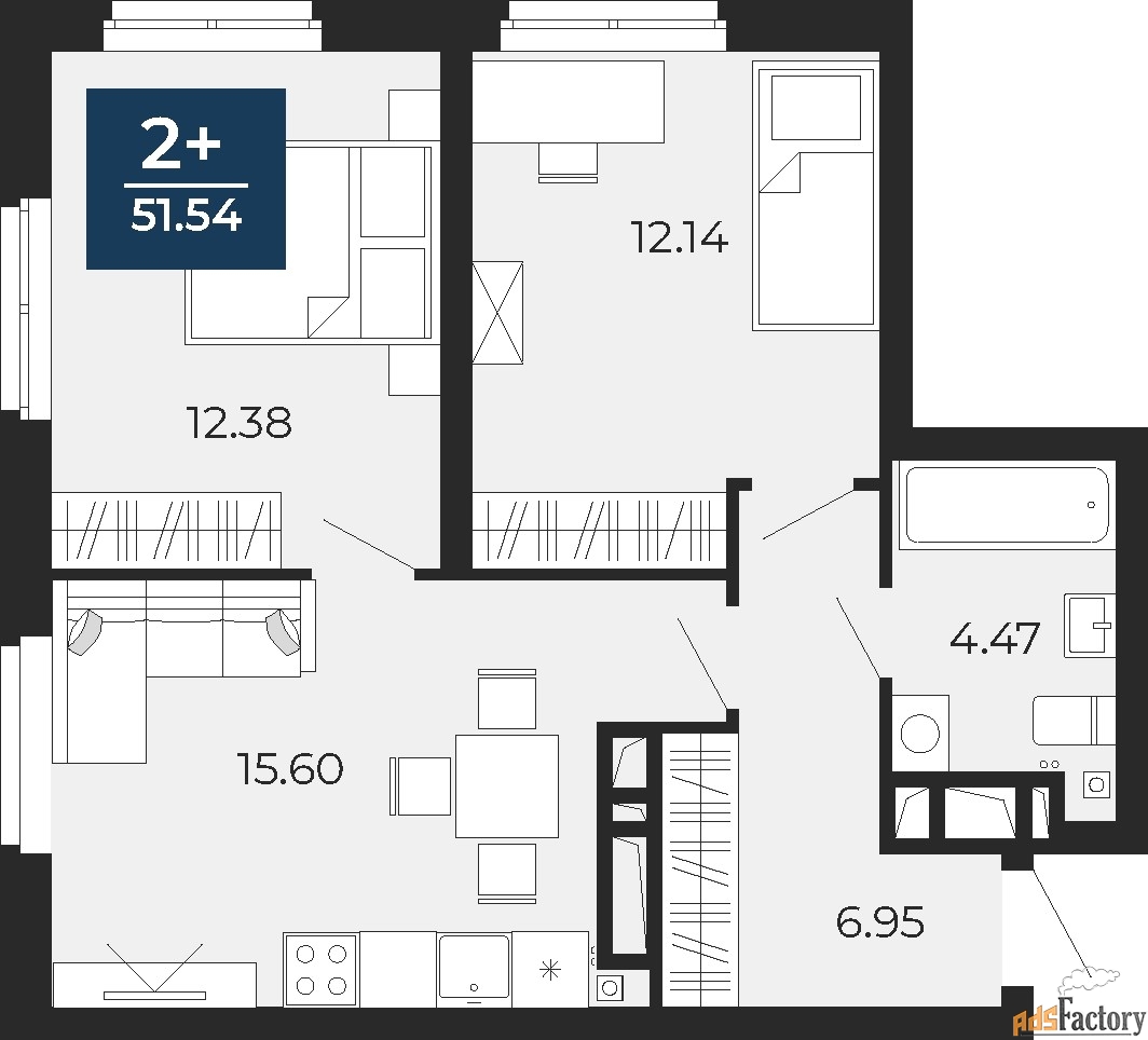 2 - комн. квартира, 51.54 м², 24/24 эт.