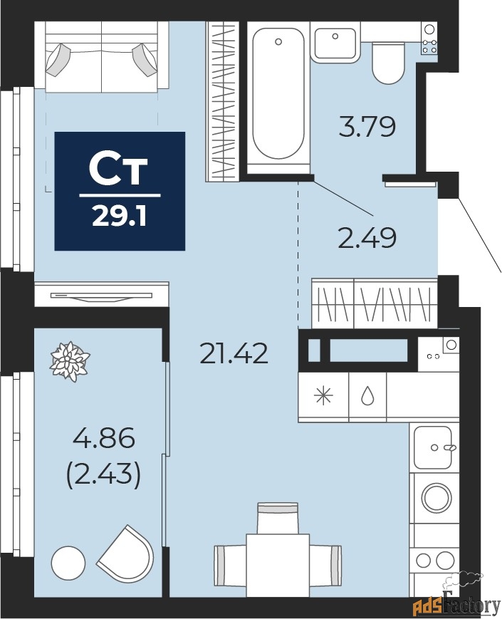 1 - комн. квартира, 29.1 м², 11/22 эт.