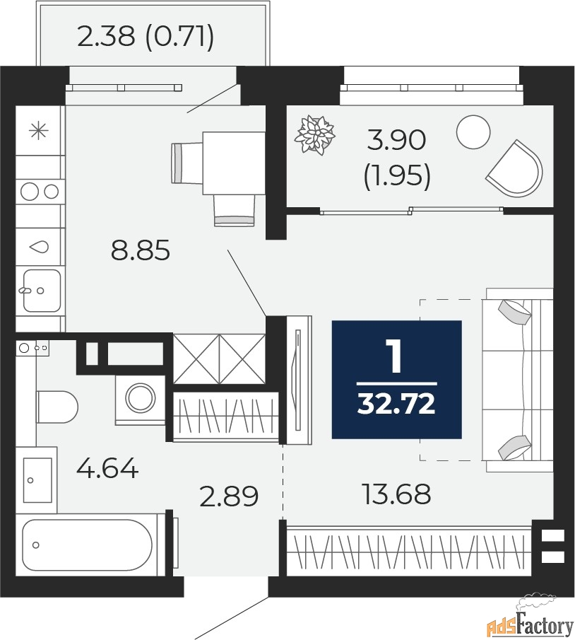 1 - комн. квартира, 32.72 м², 8/12 эт.