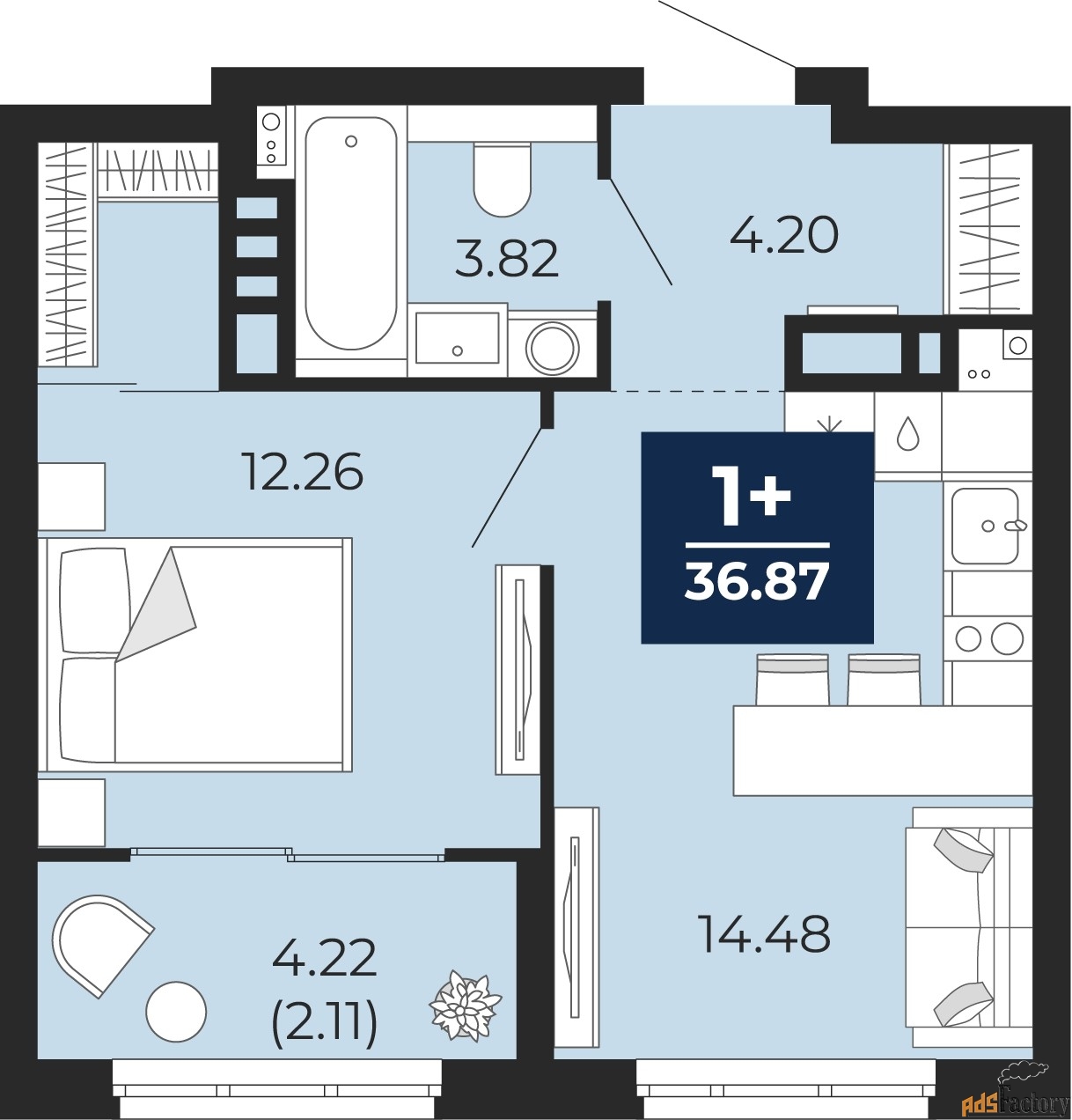 1 - комн. квартира, 36.87 м², 9/14 эт.
