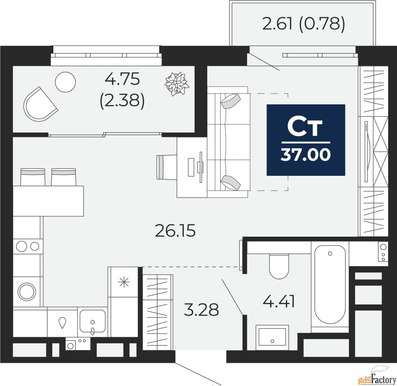 1 - комн. квартира, 37 м², 5/14 эт.