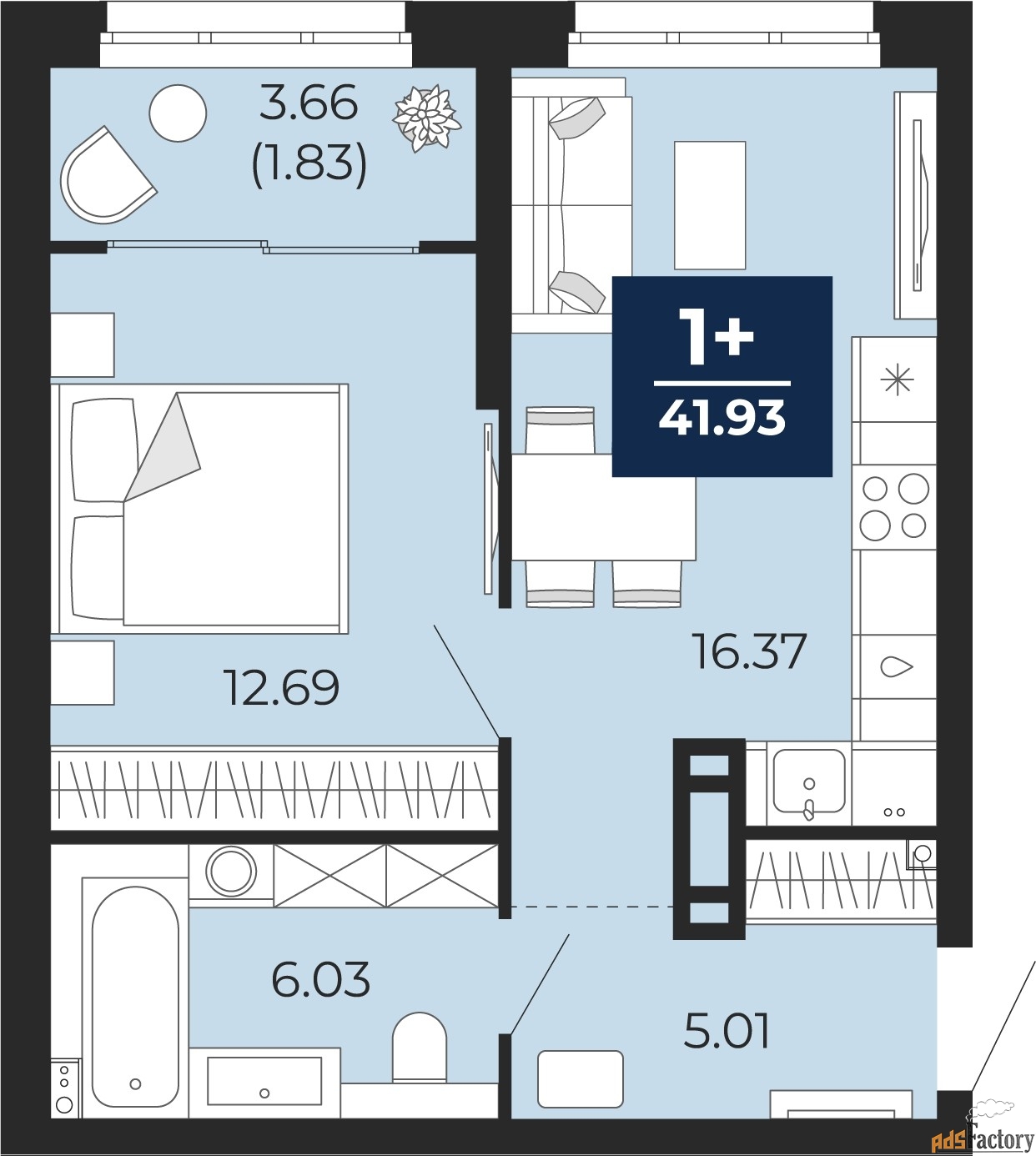 1 - комн. квартира, 41.93 м², 2/9 эт.