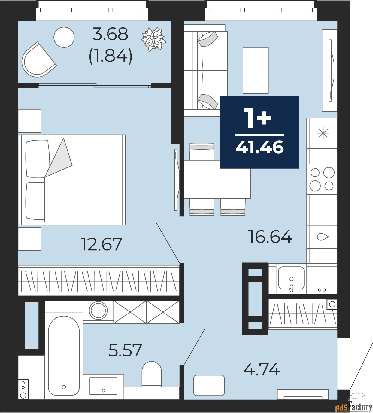 1 - комн. квартира, 41.46 м², 11/14 эт.