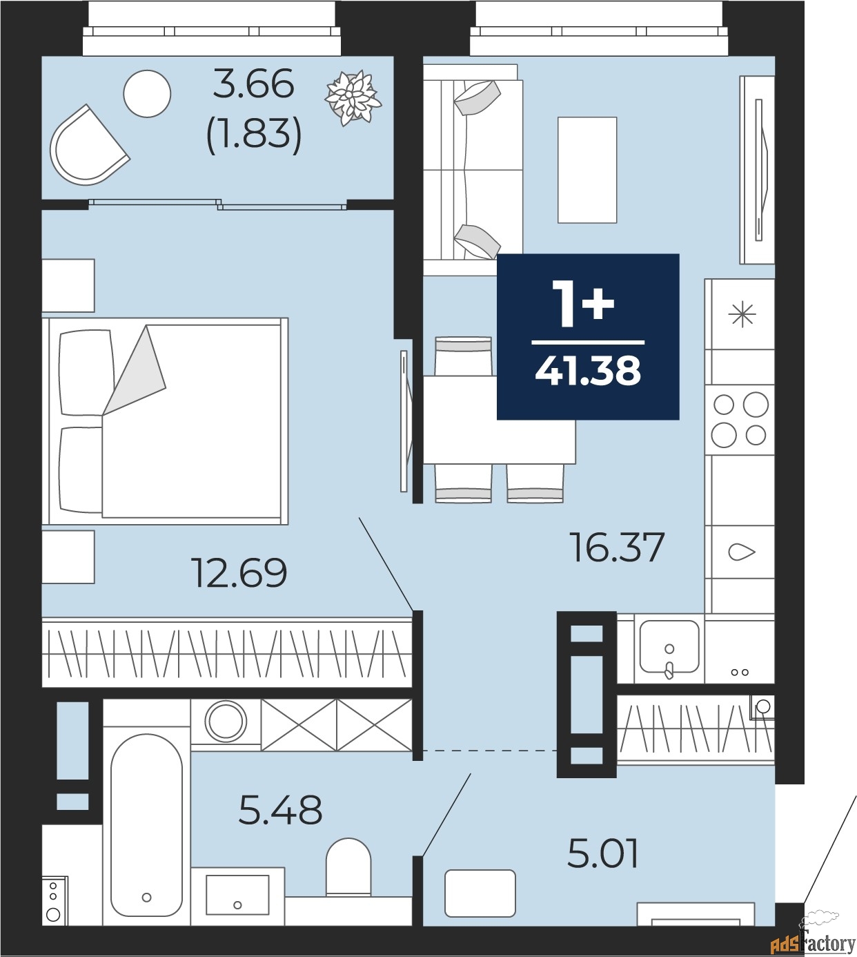 1 - комн. квартира, 41.38 м², 9/9 эт.
