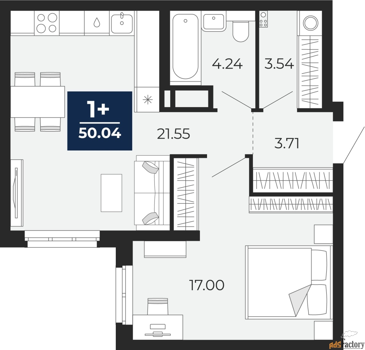1 - комн. квартира, 50.04 м², 1/22 эт.