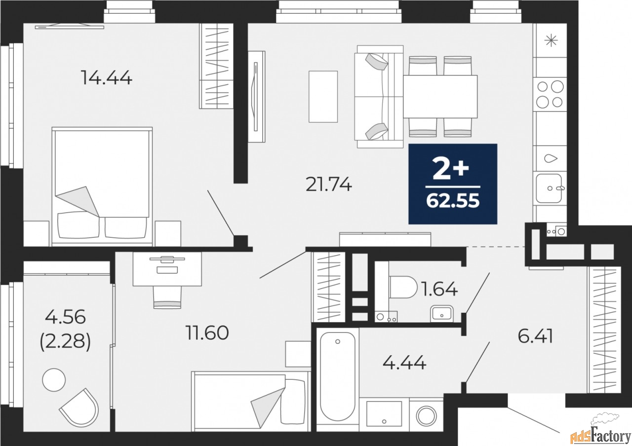 2 - комн. квартира, 62.55 м², 20/21 эт.