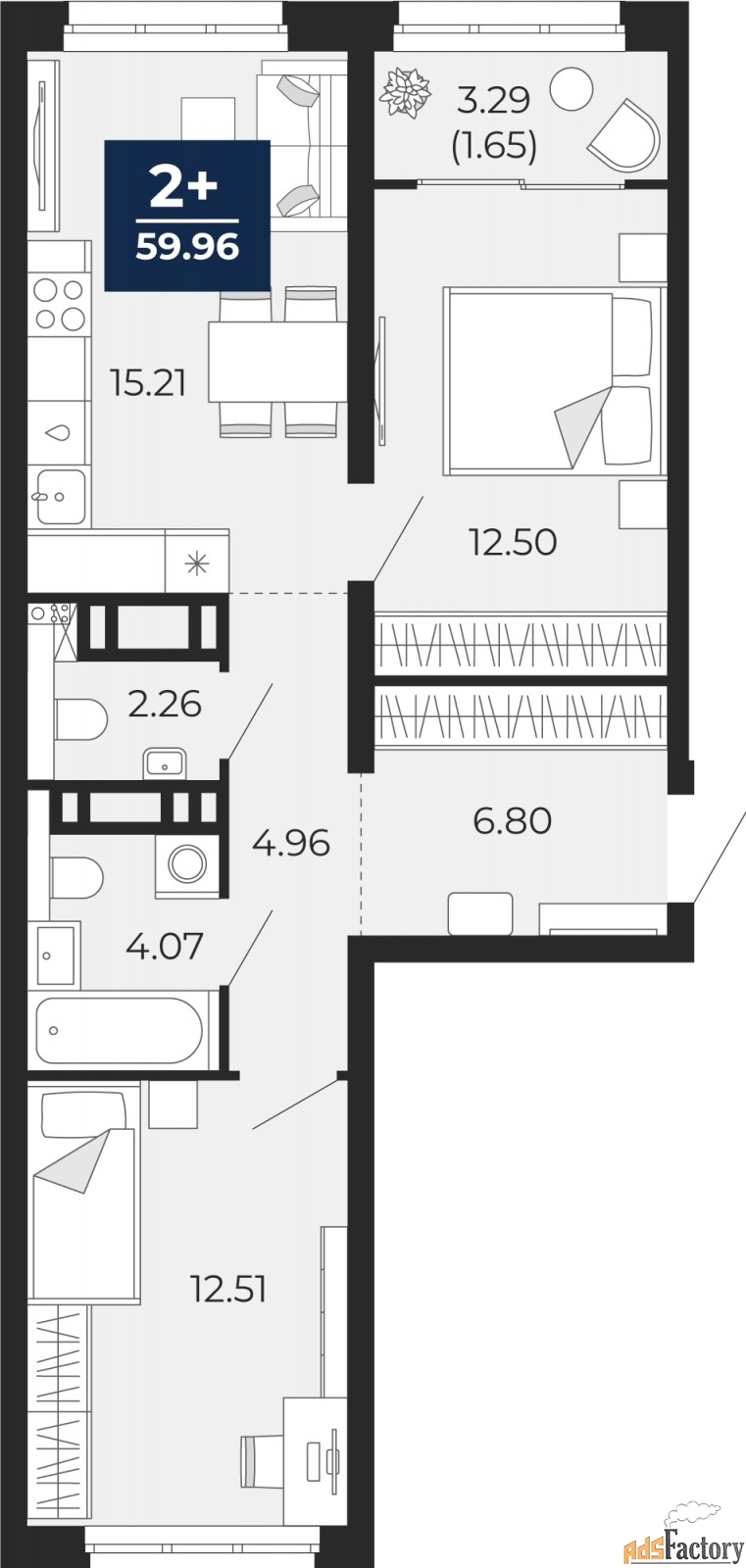 2 - комн. квартира, 59.96 м², 5/22 эт.
