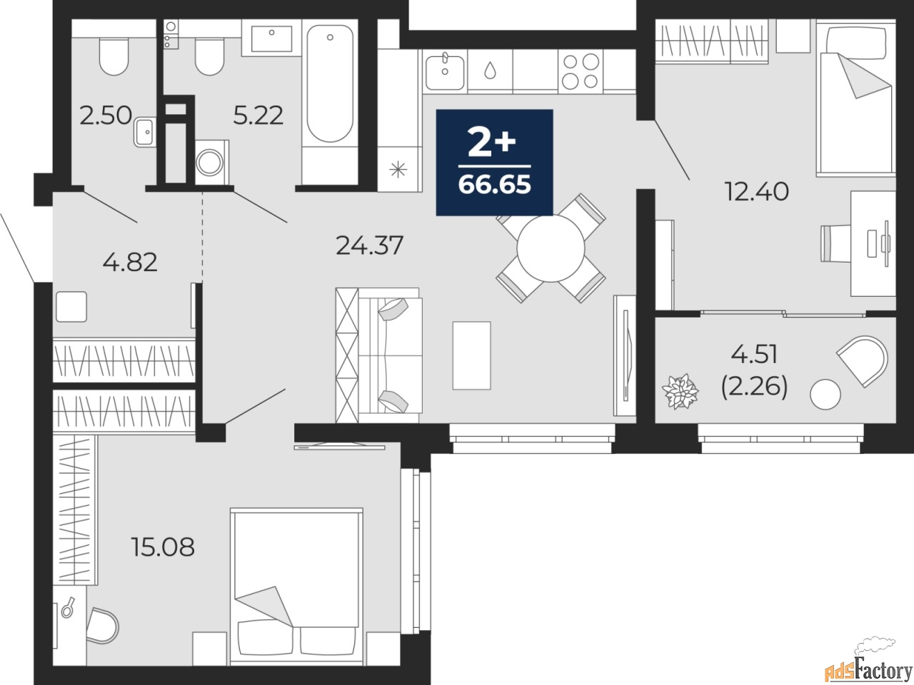 2 - комн. квартира, 66.65 м², 8/21 эт.