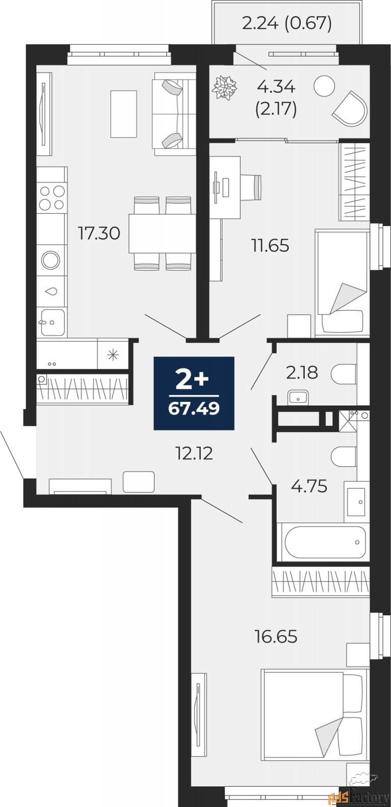 2 - комн. квартира, 67.49 м², 4/21 эт.