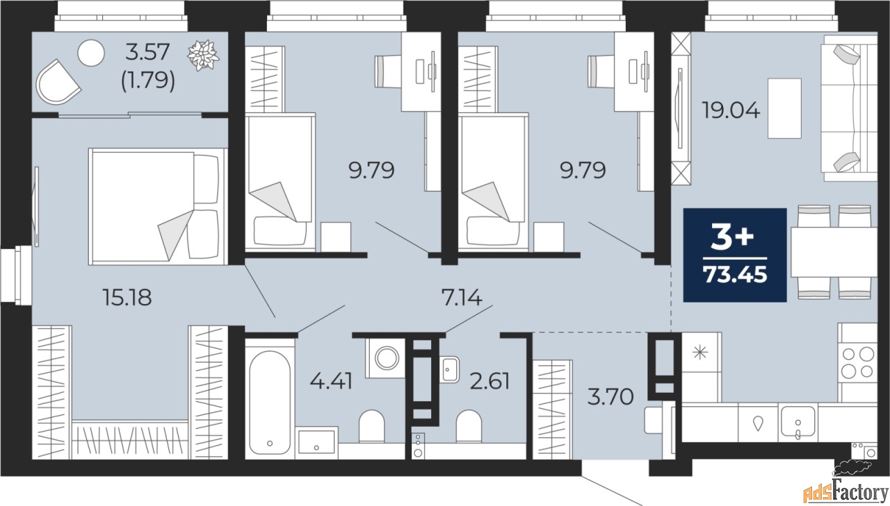 3 - комн. квартира, 73.45 м², 4/22 эт.