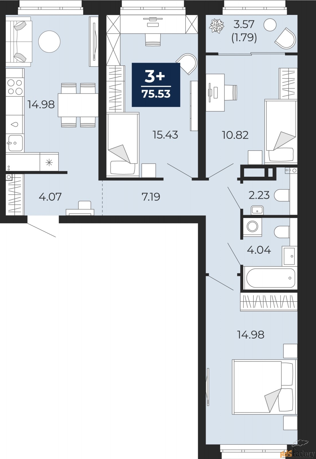 3 - комн. квартира, 75.53 м², 10/22 эт.