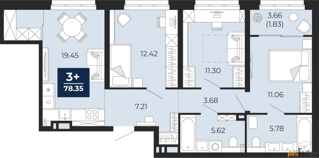 3 - комн. квартира, 78.35 м², 2/9 эт.