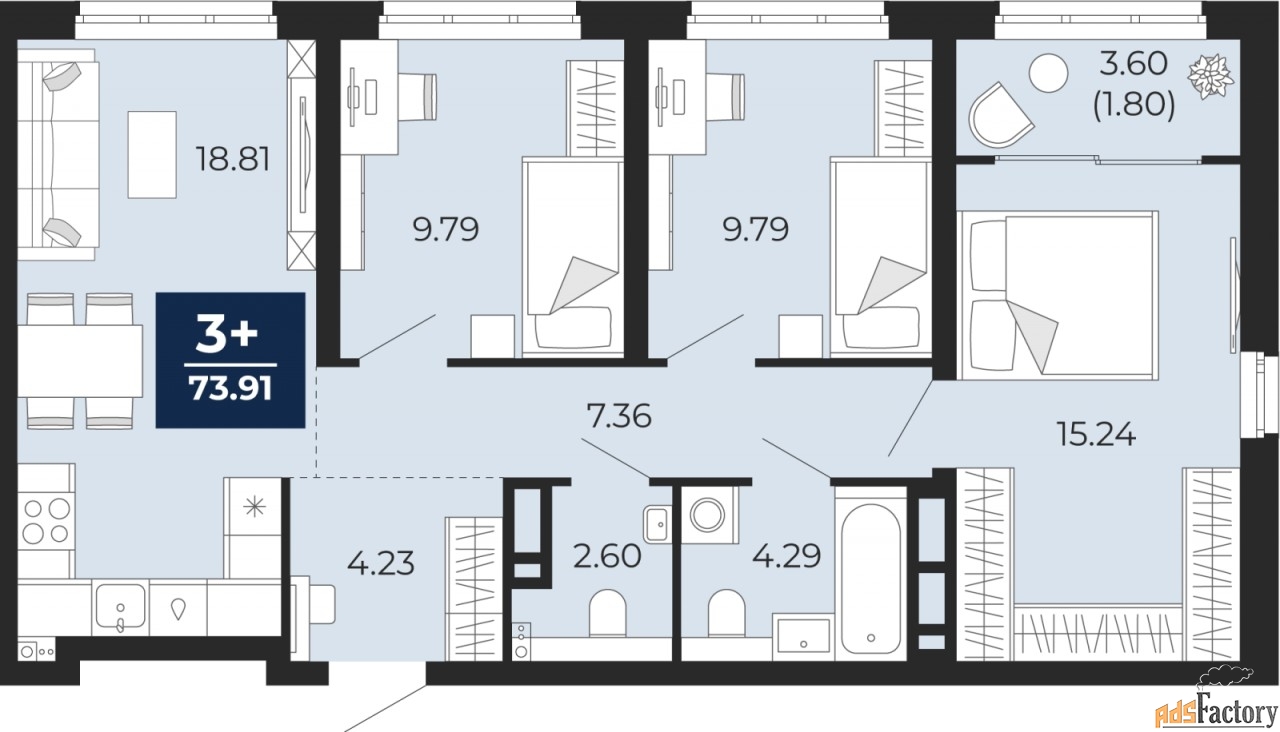 3 - комн. квартира, 73.91 м², 8/21 эт.