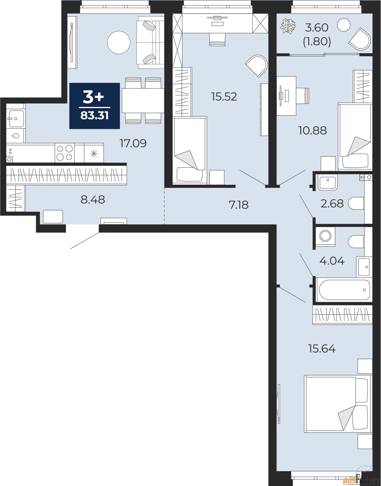 3 - комн. квартира, 83.31 м², 2/9 эт.