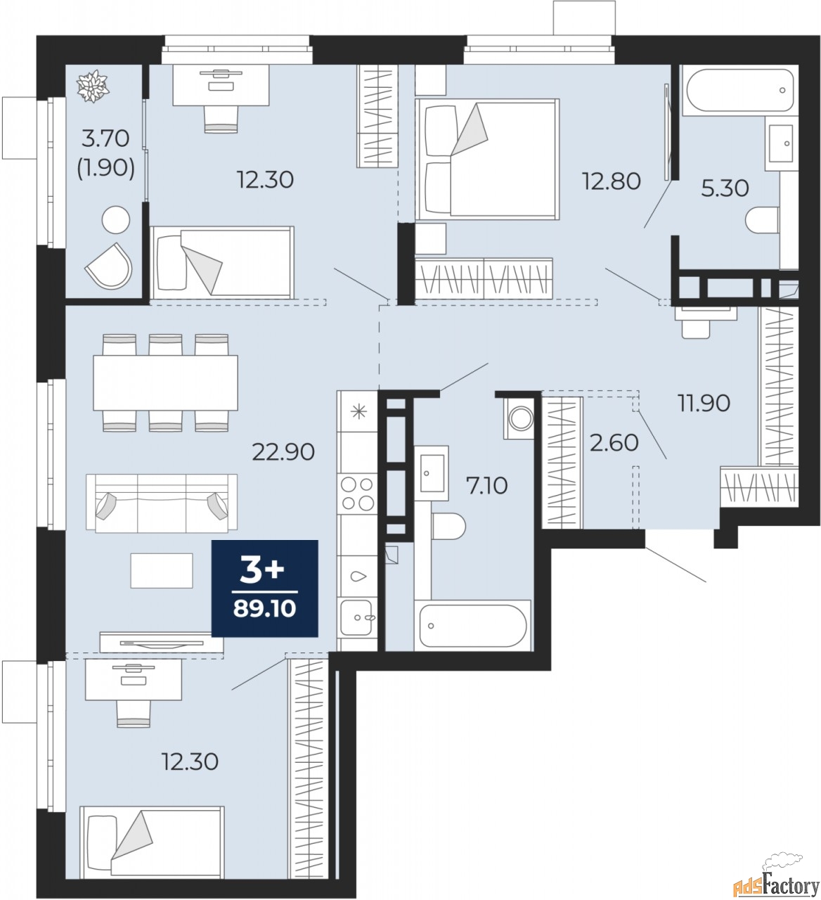 3 - комн. квартира, 89.1 м², 4/18 эт.