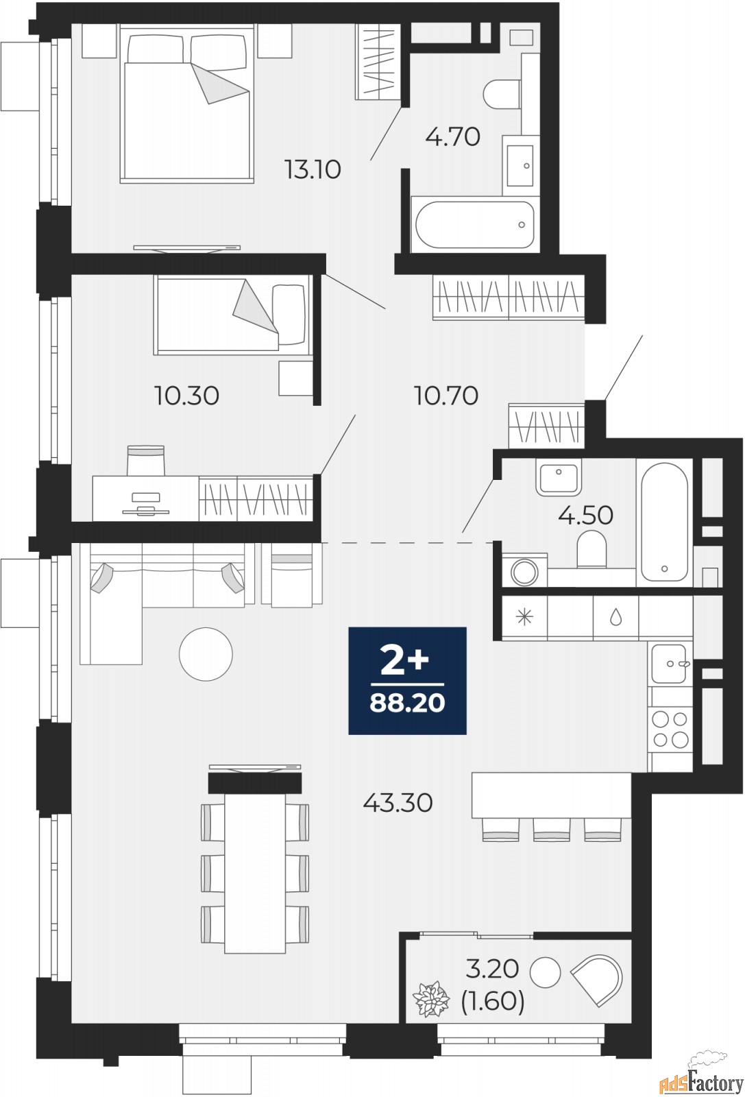 2 - комн. квартира, 88.2 м², 4/24 эт.