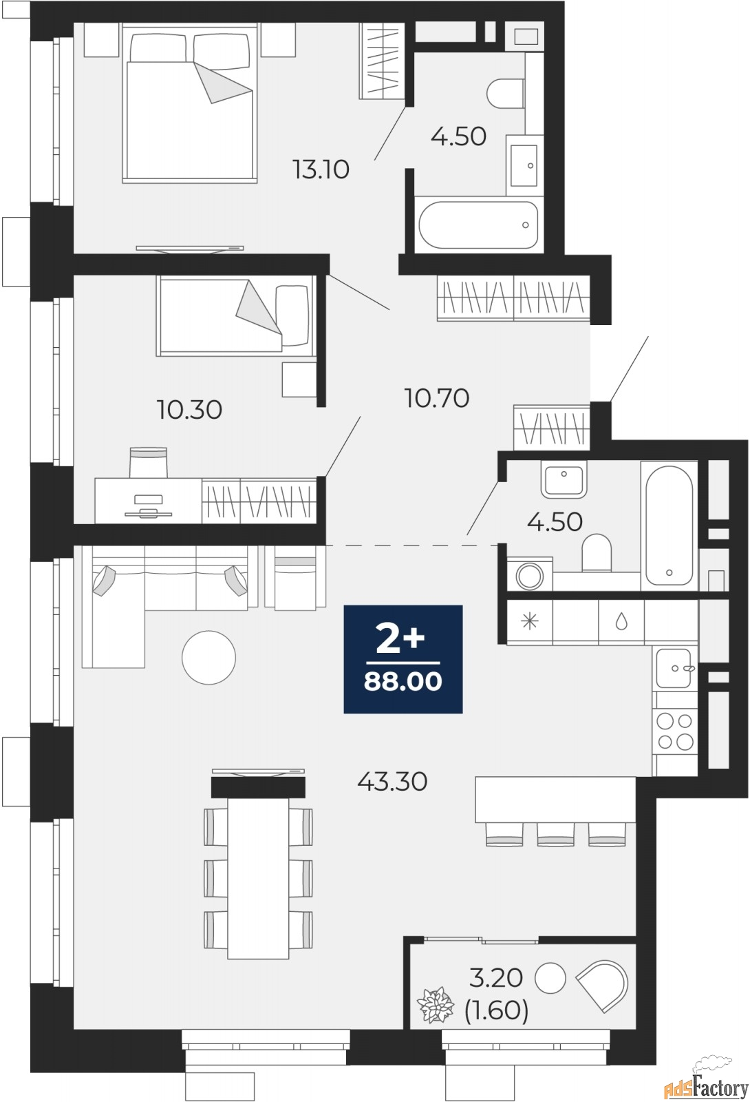 2 - комн. квартира, 88 м², 3/24 эт.