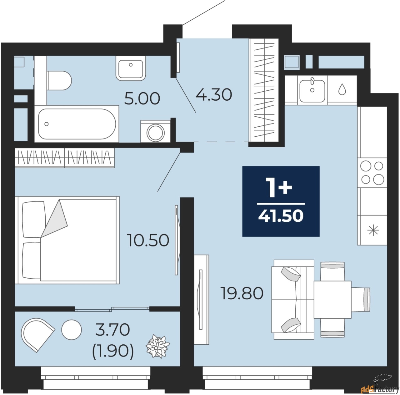 1 - комн. квартира, 41.5 м², 4/24 эт.