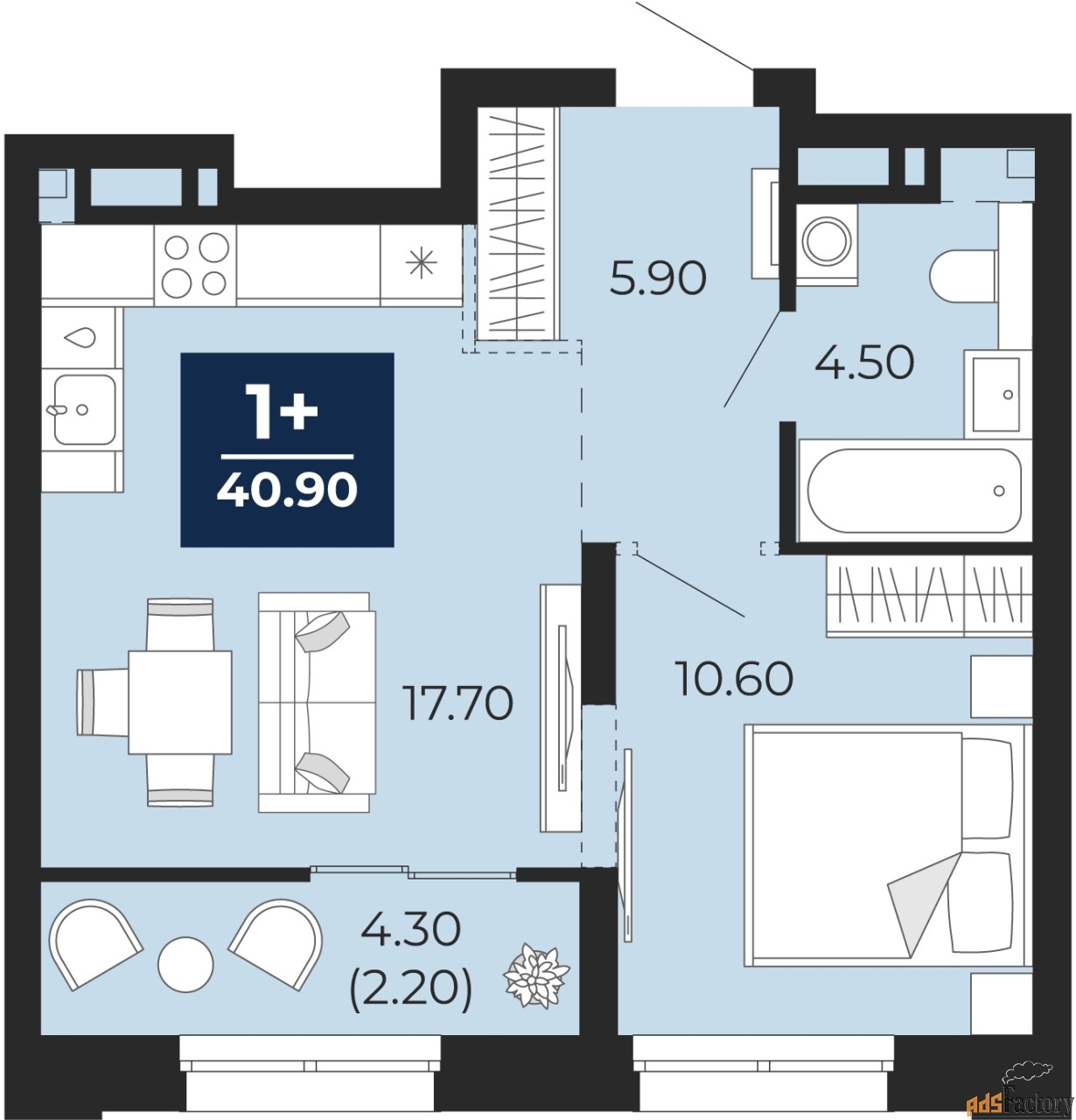 1 - комн. квартира, 40.9 м², 10/18 эт.