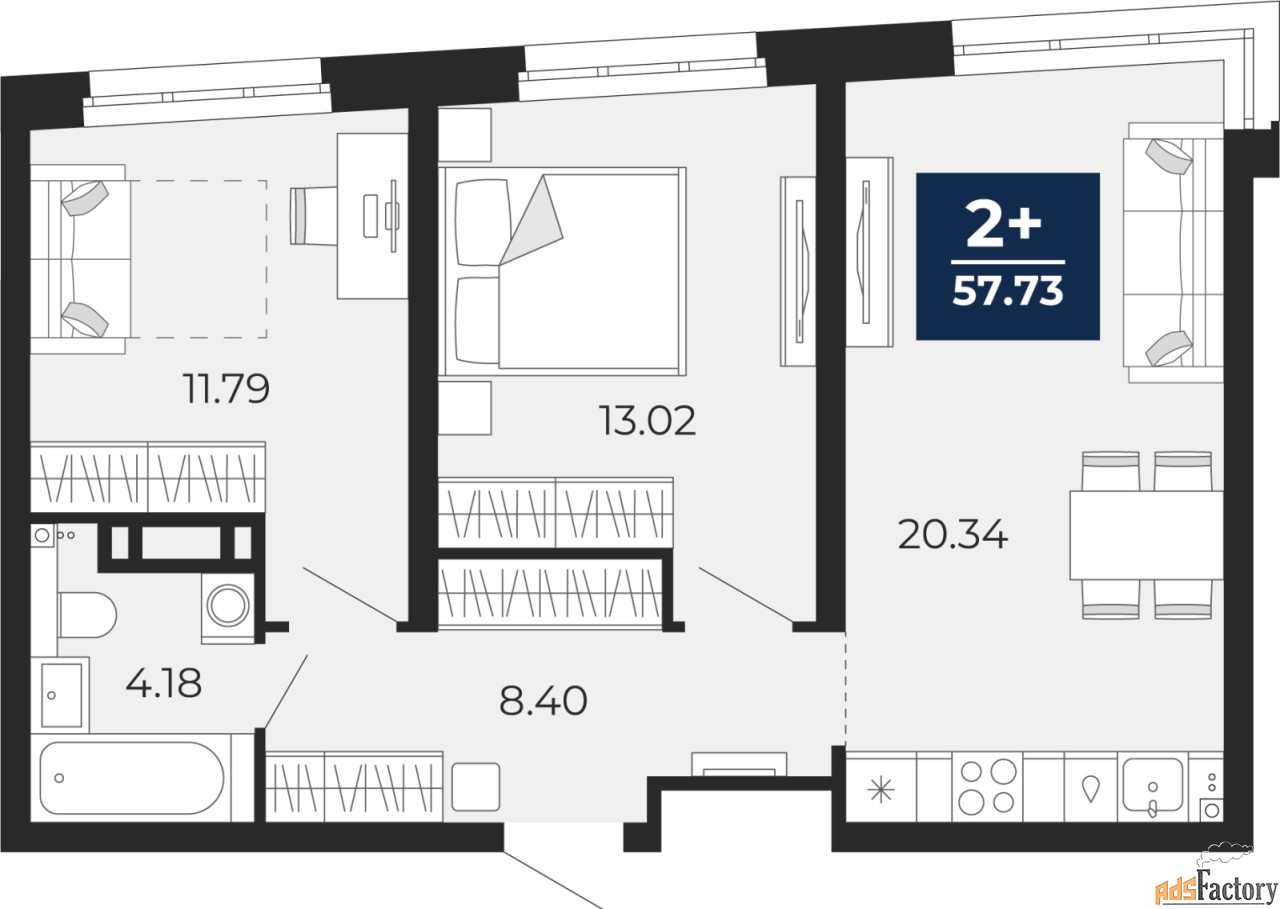 2 - комн. квартира, 57.73 м², 14/22 эт.