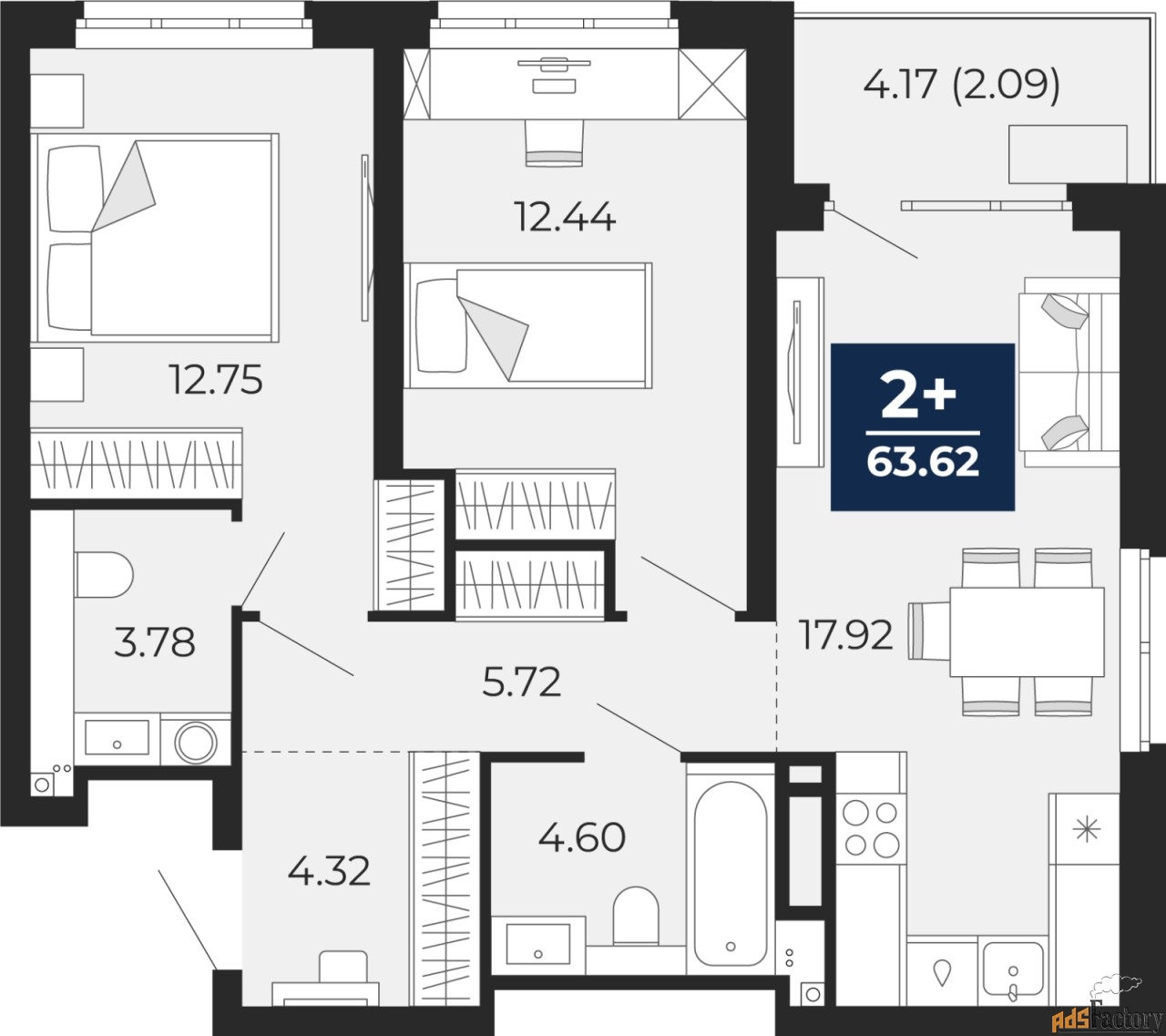 2 - комн. квартира, 63.62 м², 21/22 эт.