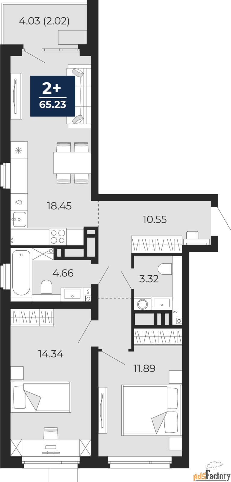 2 - комн. квартира, 65.23 м², 21/22 эт.