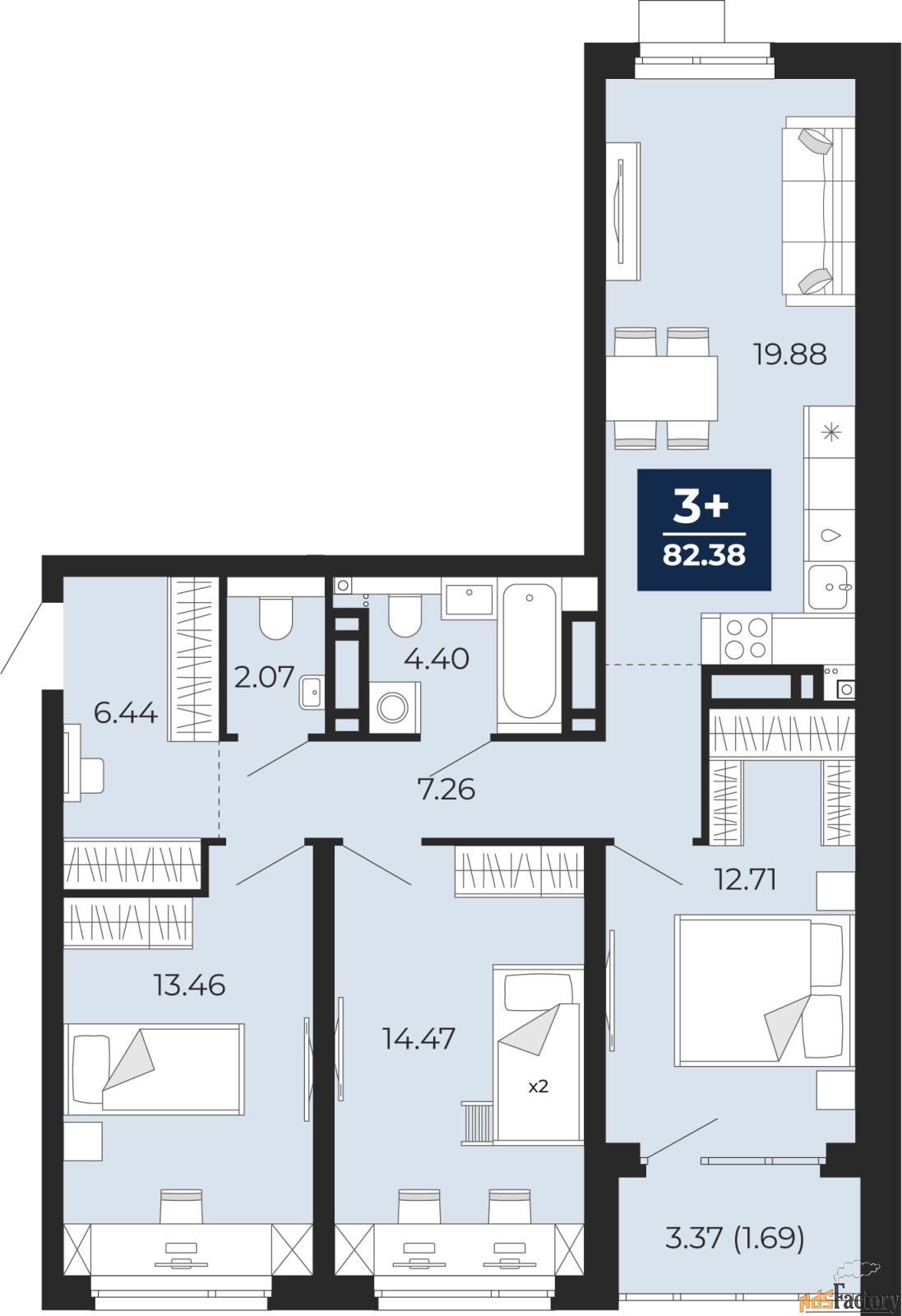 3 - комн. квартира, 82.38 м², 16/23 эт.