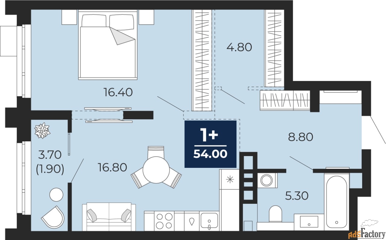 1 - комн. квартира, 54 м², 3/18 эт.