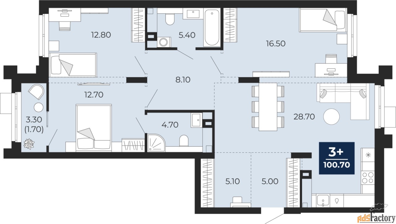 3 - комн. квартира, 100.7 м², 2/18 эт.