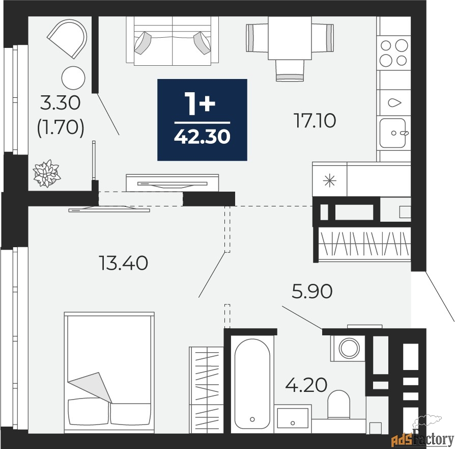 1 - комн. квартира, 42.3 м², 12/24 эт.