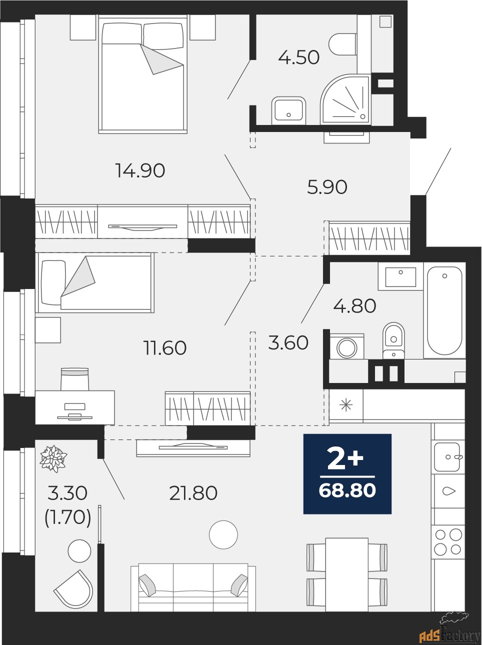 2 - комн. квартира, 68.8 м², 2/24 эт.