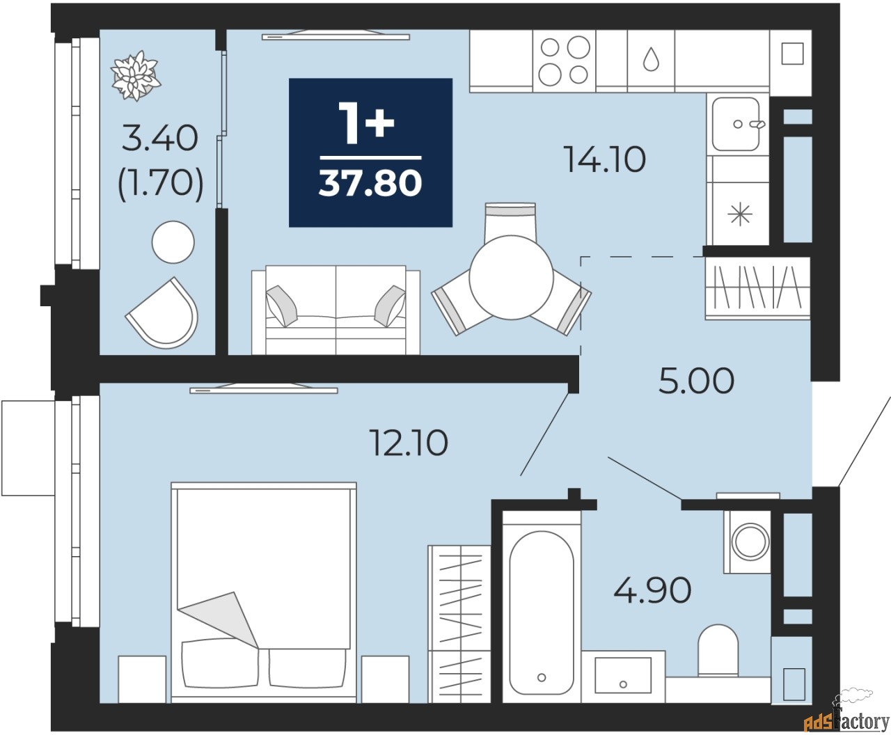 1 - комн. квартира, 37.8 м², 9/24 эт.