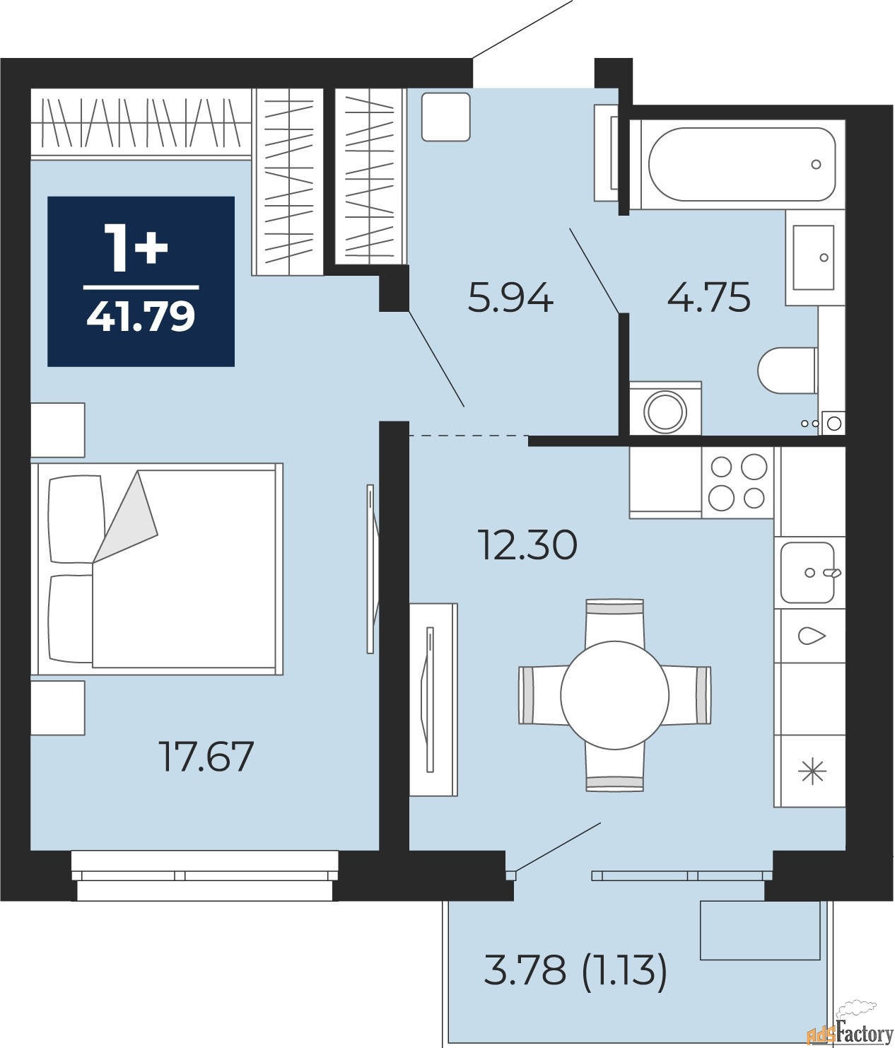 1 - комн. квартира, 41.79 м², 2/21 эт.
