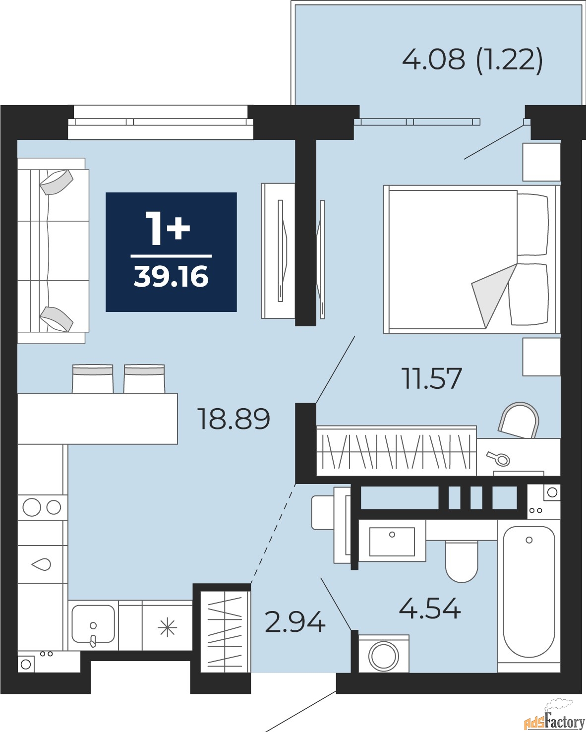 1 - комн. квартира, 39.16 м², 12/21 эт.