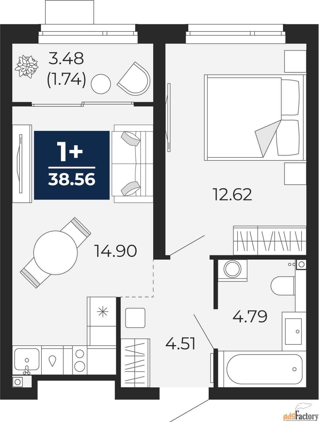 1 - комн. квартира, 38.56 м², 2/21 эт.