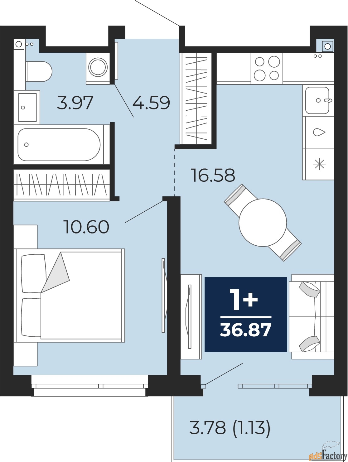 1 - комн. квартира, 36.87 м², 4/21 эт.