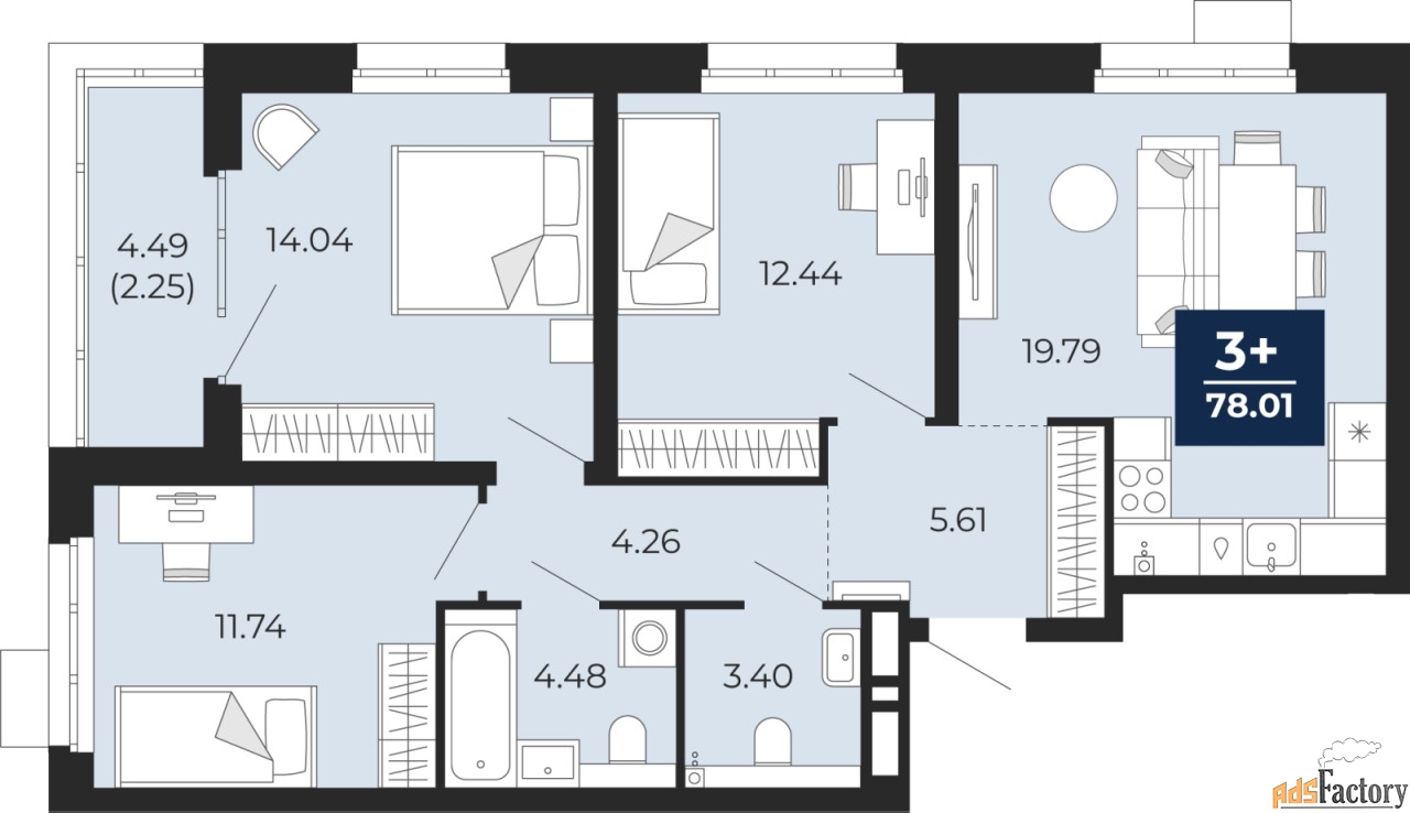 3 - комн. квартира, 78.01 м², 2/21 эт.
