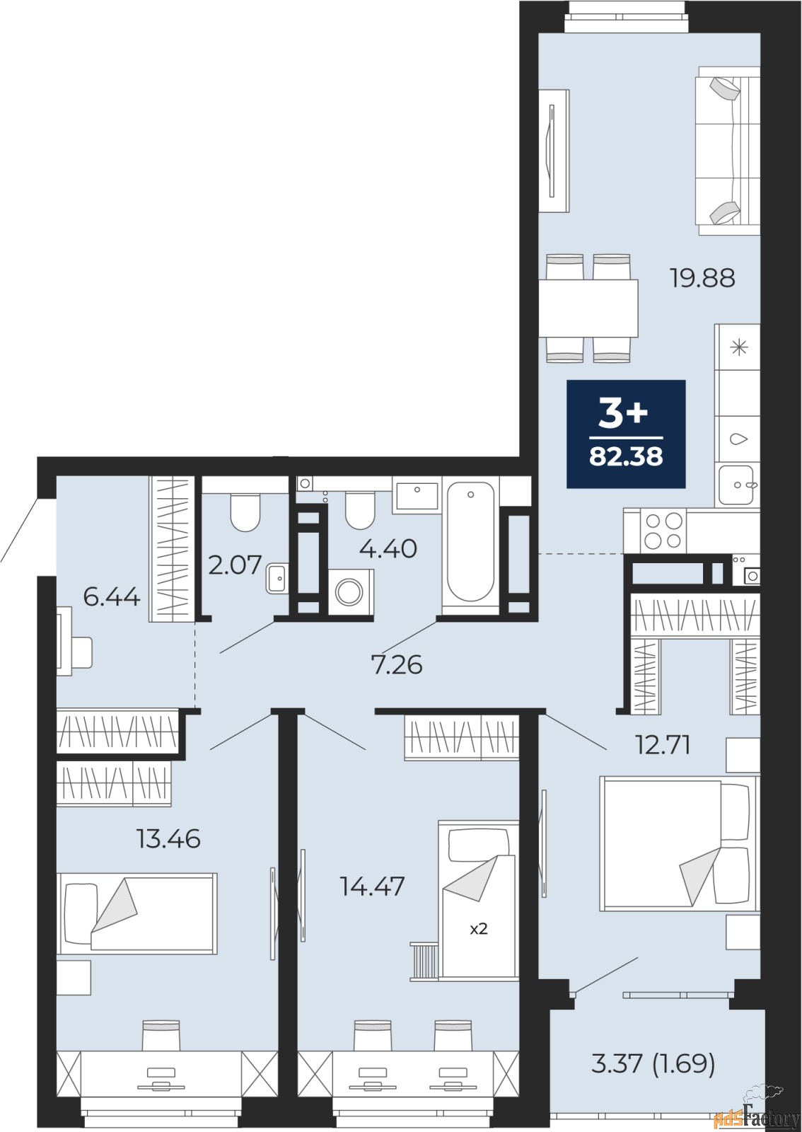 3 - комн. квартира, 82.38 м², 6/21 эт.