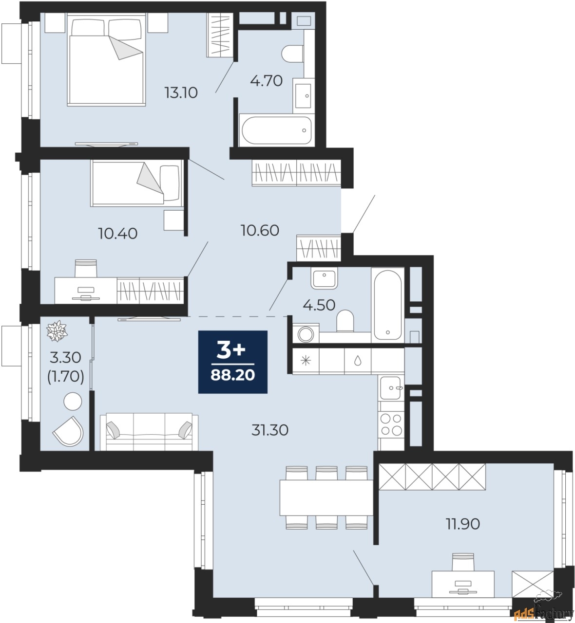 3 - комн. квартира, 88.2 м², 21/24 эт.
