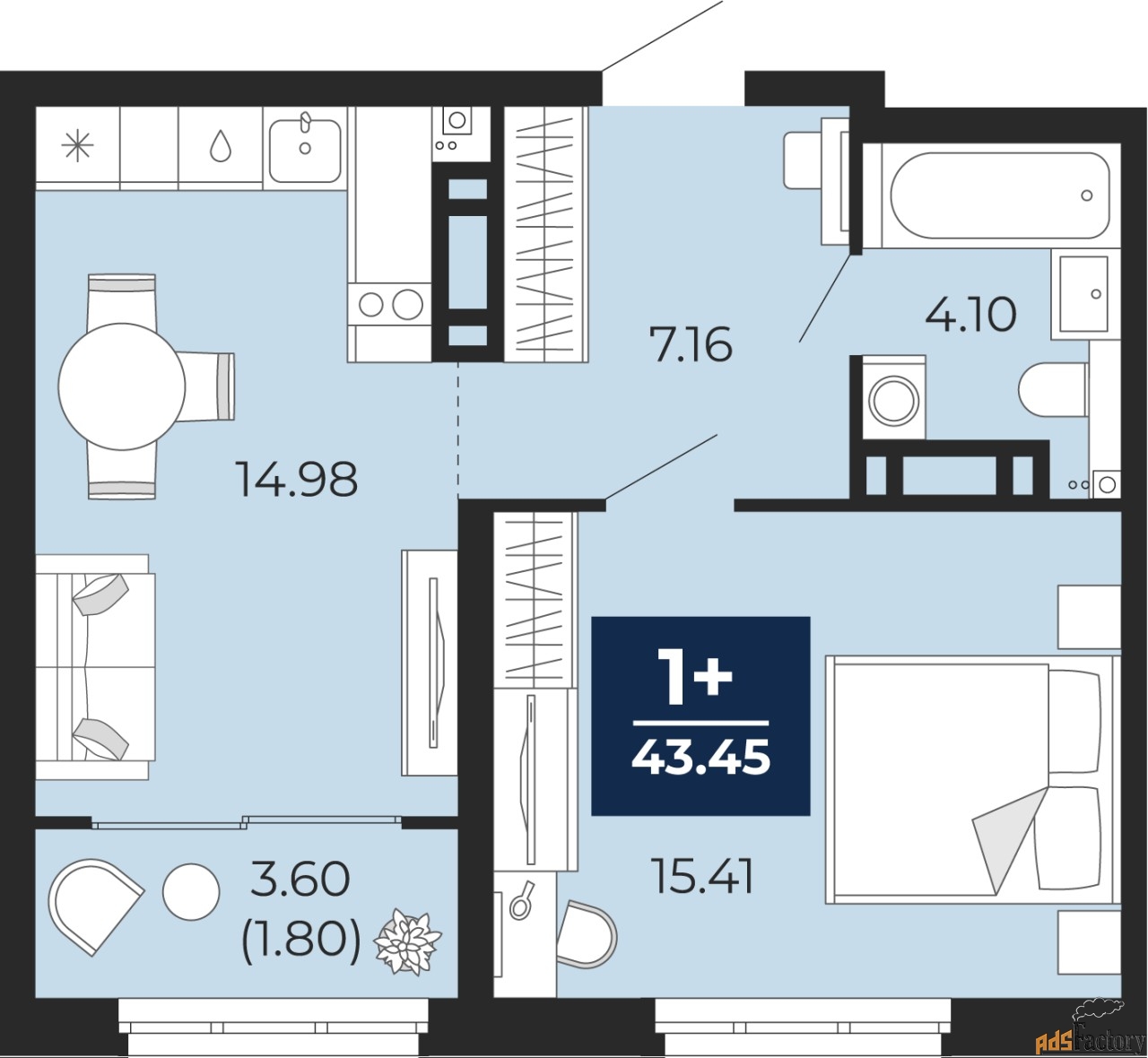 1 - комн. квартира, 43.45 м², 7/22 эт.