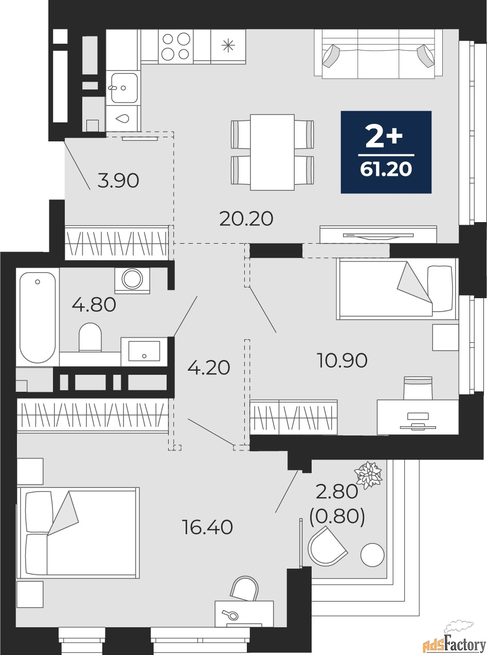 2 - комн. квартира, 60.4 м², 13/14 эт.