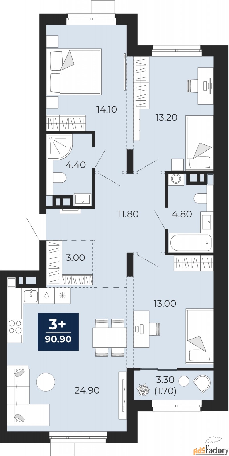 3 - комн. квартира, 90.9 м², 7/9 эт.