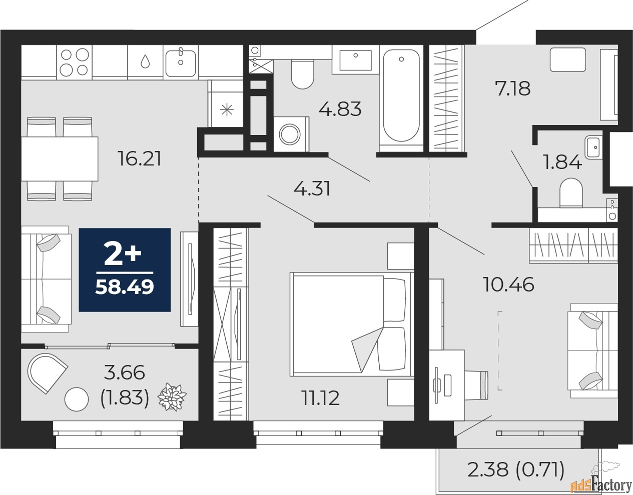 2 - комн. квартира, 58.49 м², 12/12 эт.
