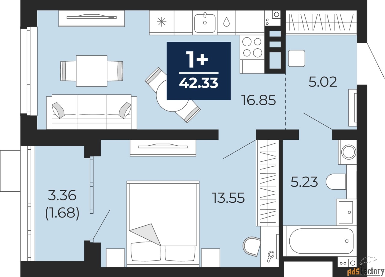 1 - комн. квартира, 42.33 м², 9/22 эт.