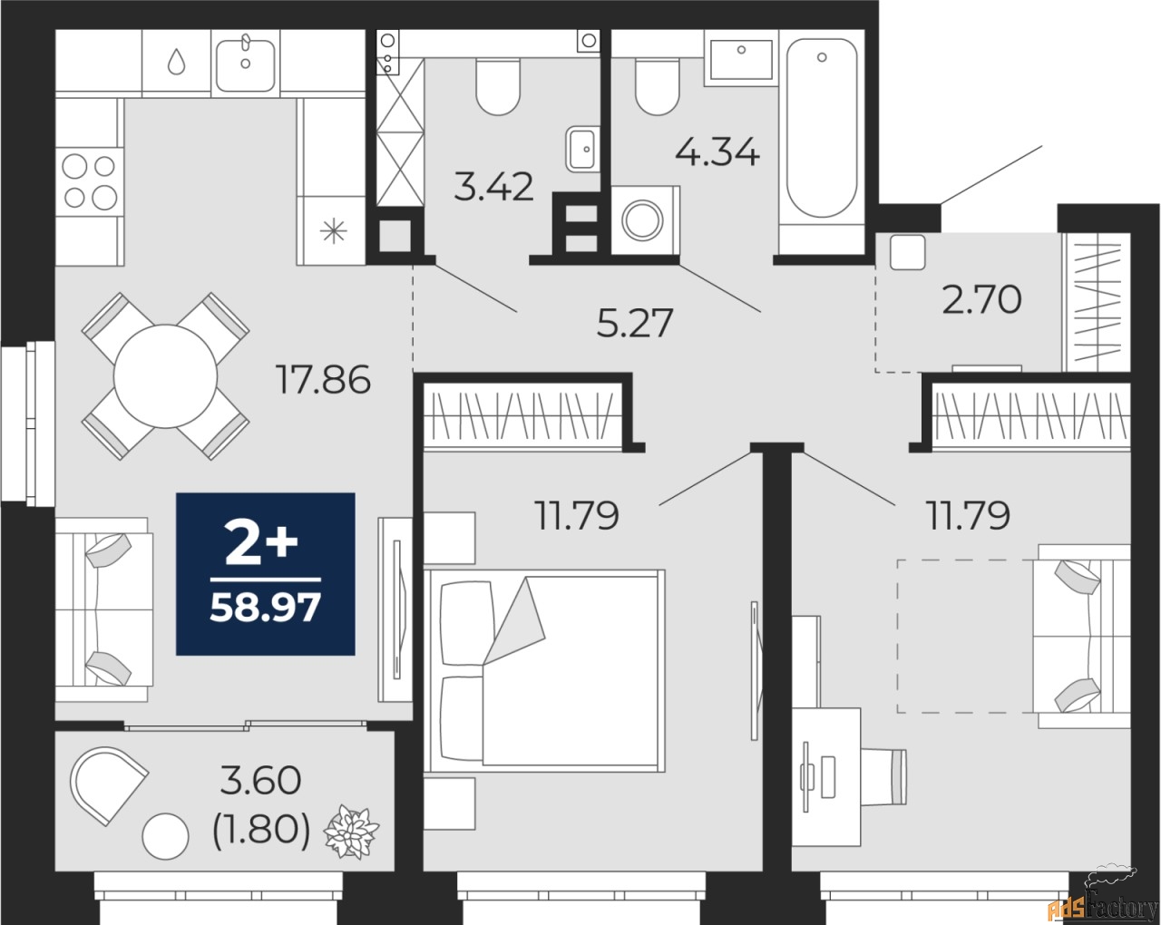 1 - комн. квартира, 34.59 м², 3/4 эт.