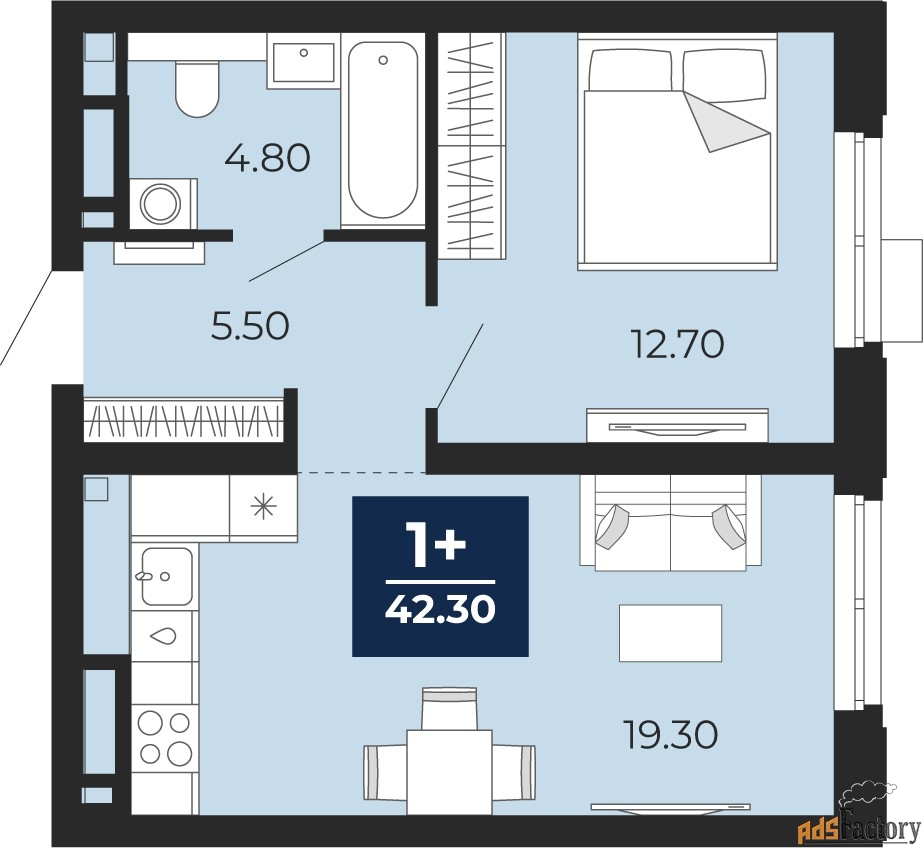 1 - комн. квартира, 42.3 м², 4/20 эт.