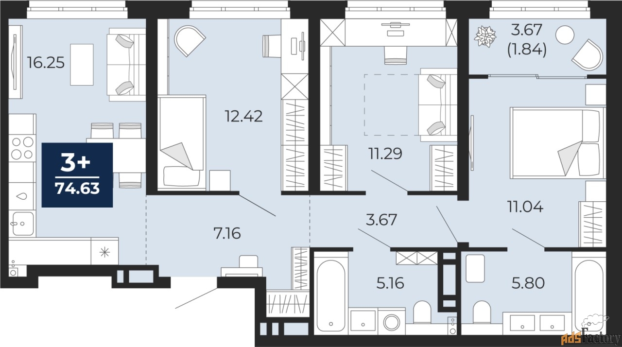 2 - комн. квартира, 55.97 м², 2/8 эт.